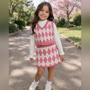 Girls Pink and White Argyle Knit 3-Piece Set